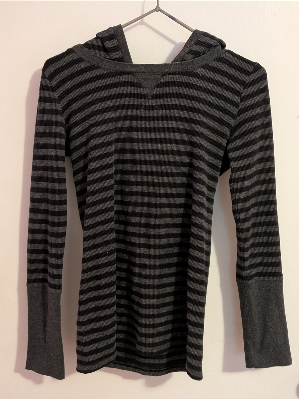 Marc New York Black and Gray Striped Long Sleeve Hooded Tee